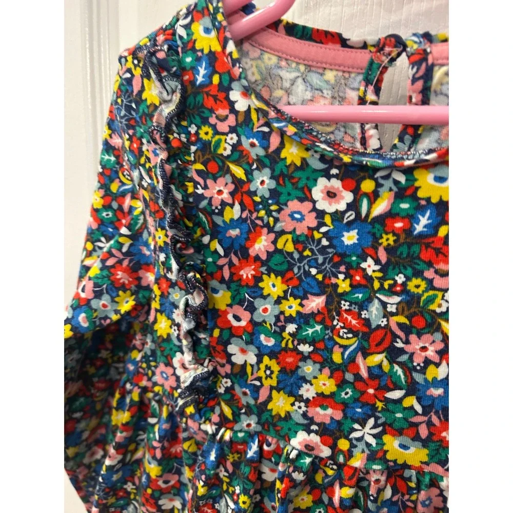 Mini Boden Jersey‎ Dress Multi Color Floral Ruffle Tiered Long Sleeve Kids 4-5Y